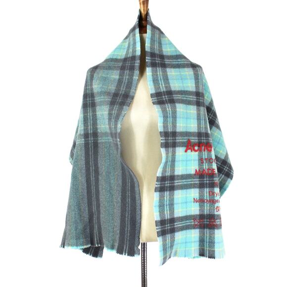 Acne Studios Wool Plaid Scarf Wrap Grey Light Blue Red Raised Logo Instructions - Picture 4 of 7